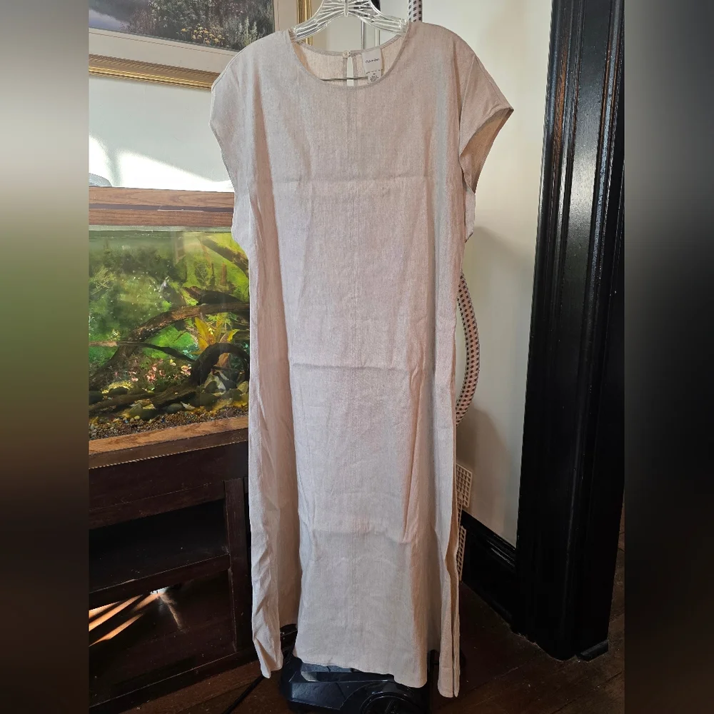 New Calvin Klein Linen Stretch Elegant Cream Midi Dress Large - Picture 12 of 13